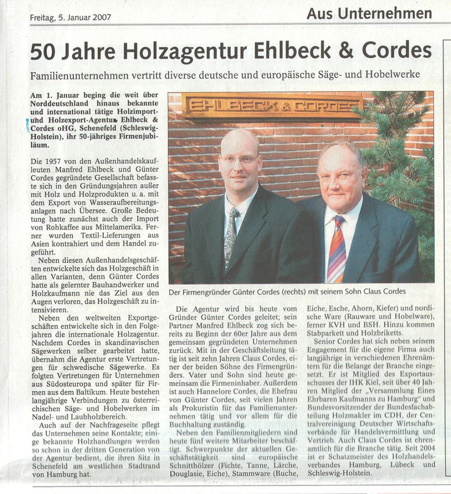 50 Jahre Ehlbeck & Cordes Claus Cordes Gunter Cordes Artikel im Holzznetralblatt HZB 50 Jahre Ehlbeck & Cordes Claus Cordes Gunter Cordes Artikel im Holzznetralblatt HZB